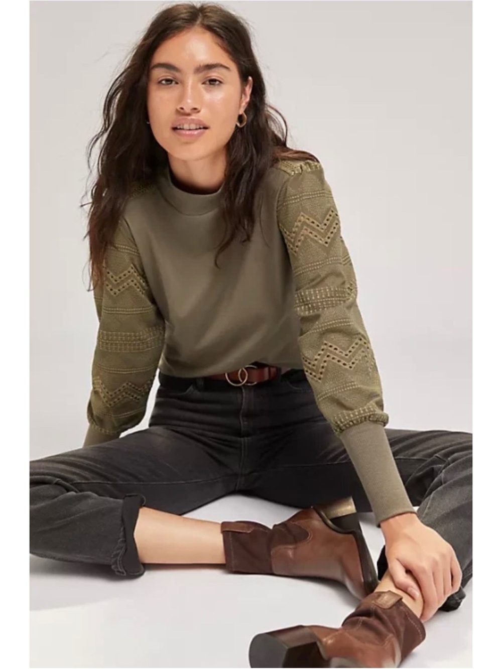 ANTHROPOLOGIE Boho TINY Helen Lace Mock Neck Top in Moss Green Size XS